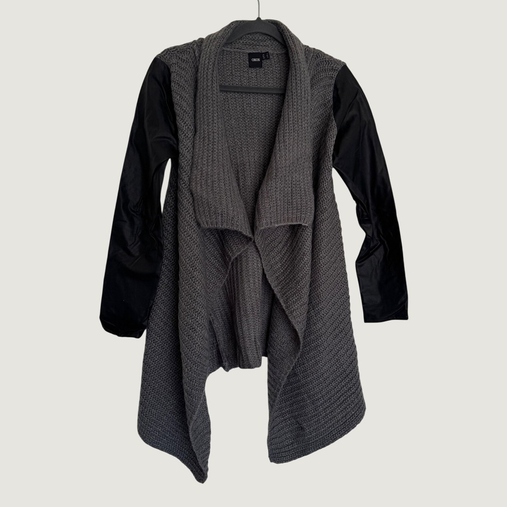 ASOS Gray Chunky Knit Draped Cardigan with Black Faux Leather Sleeves Size 0 XS
